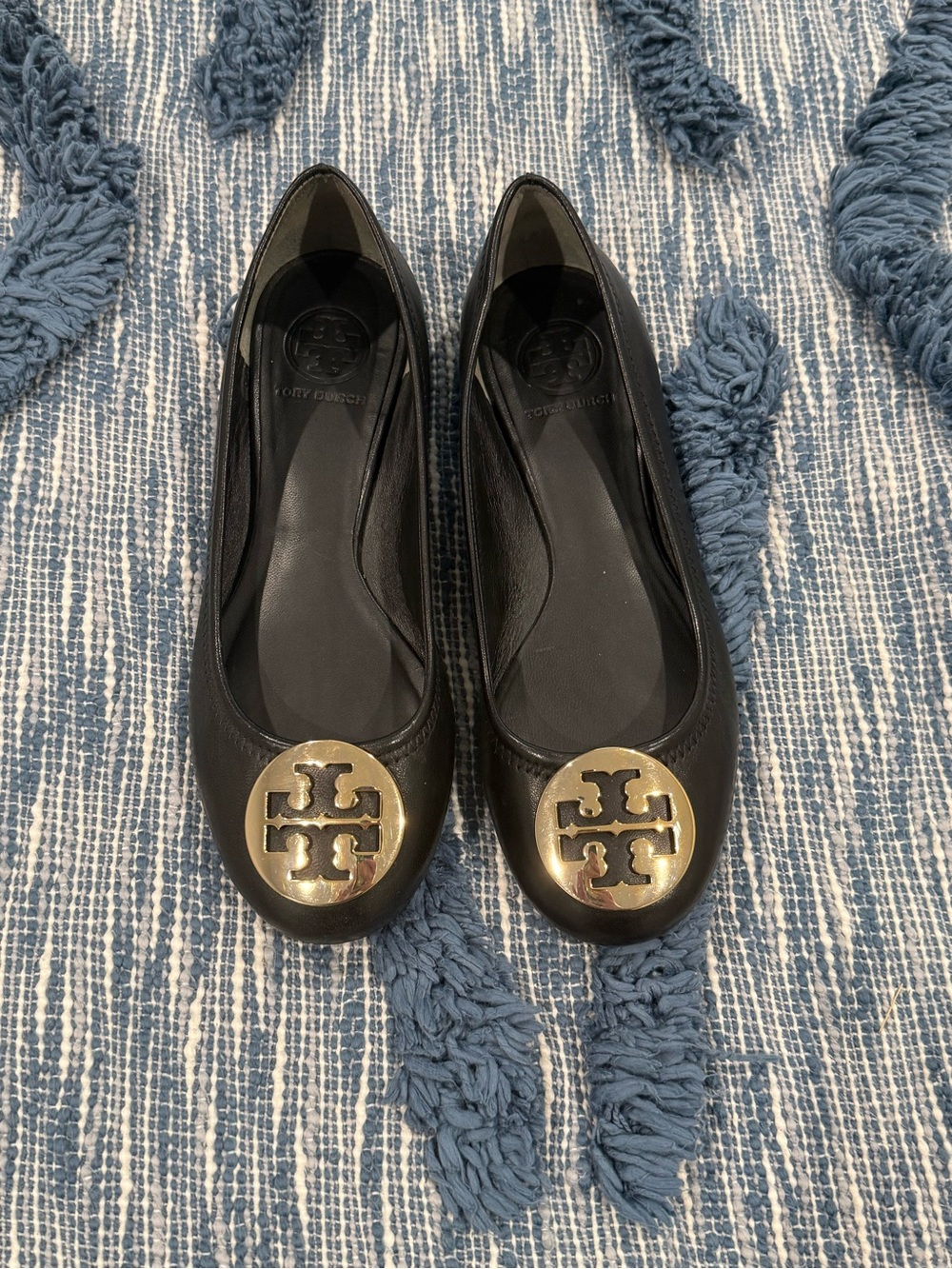 Tory Burch Black Leather Ballet Flats with Gold Logo